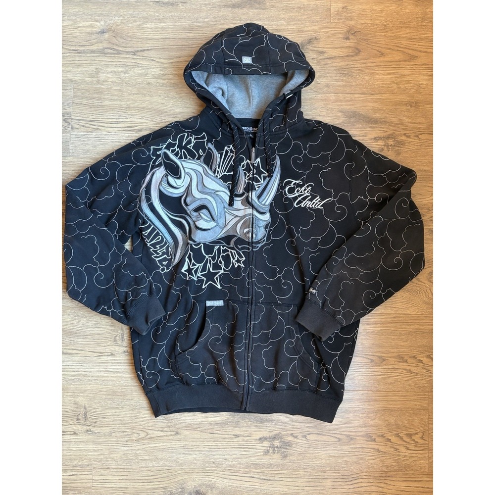Vintage Y2K Ecko UNLTD Full Zip Hoodie Size L Embroidered Rhino Cybergoth Rare